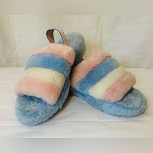 Ugg Australia Yeah Slide Fluffy Striped Slippers Rainbow Pride Luxury Designer